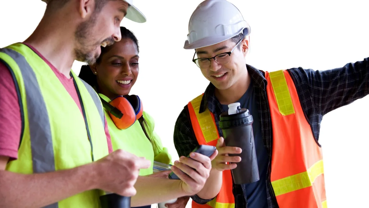 Three workers in safety vests and a hard hat looking at a phone together
